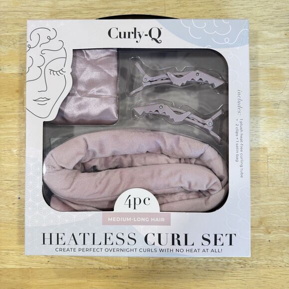 Curly Q Heatless Curl Set Heat Free Curling Tube Clips Travel Satin Bag Blush - Picture 2 of 7